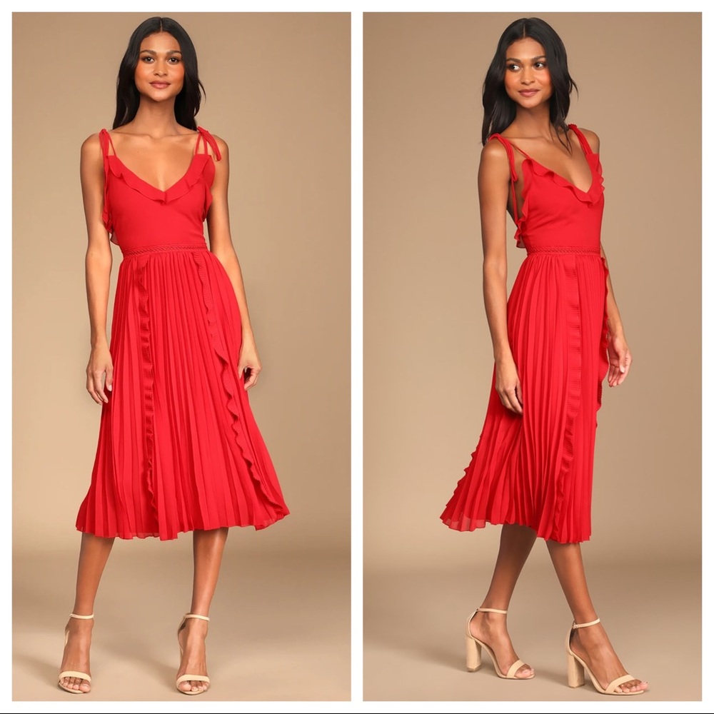 NWOT  Lulus Never a Dull Moment Bright Red Tie-Strap Pleated Midi Dress